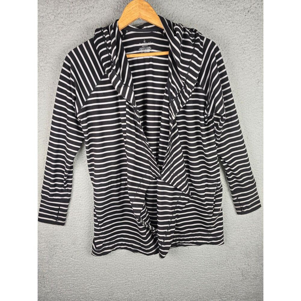 Cuddl Duds Flexwear Hooded Cardigan Black Gray Stripe Draped Front S M